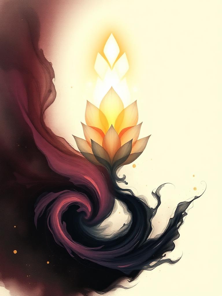 Symbolic illustration: dark plum vortex transforming upward through a lotus into golden light